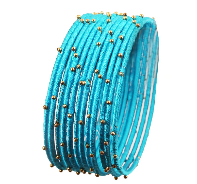 Touchstone NEW Silk Thread Bangle Collection Indian Bollywood Handcrafted Faux Silk Thread Exotic Look Handcrafted Golden Beads Turquoise Blue Designer Bangle Bracelets Set of 12 For Women. - Image 1